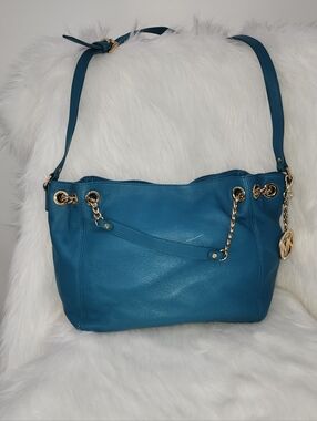 Michael Kors Pebbled Leather, Teal Blue Handbag, Gold Hardware, Medium